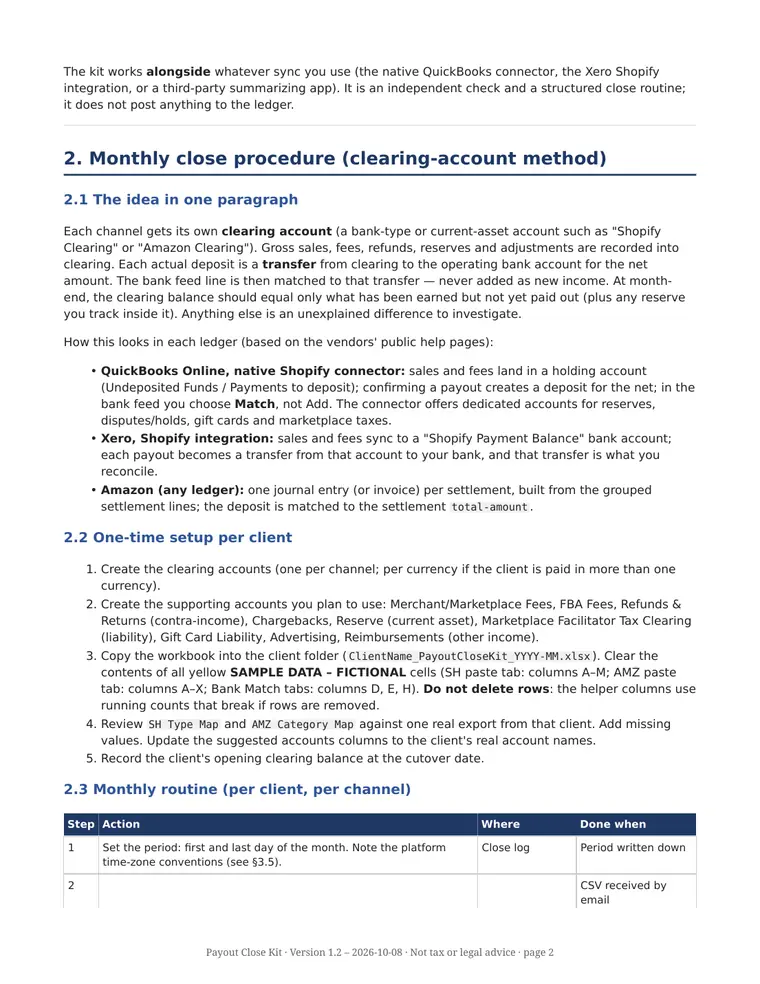Guide page 2: monthly close procedure using the clearing-account method, one-time setup and monthly routine steps